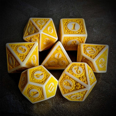 Yellow Lattice on White Acrylic - 7pcs RPG Full Dice Set Top